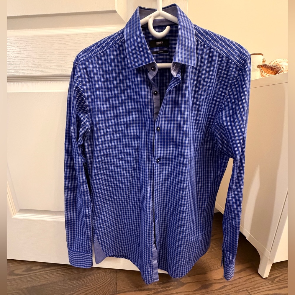 Boss Men's Blue Checkered Dress Shirt